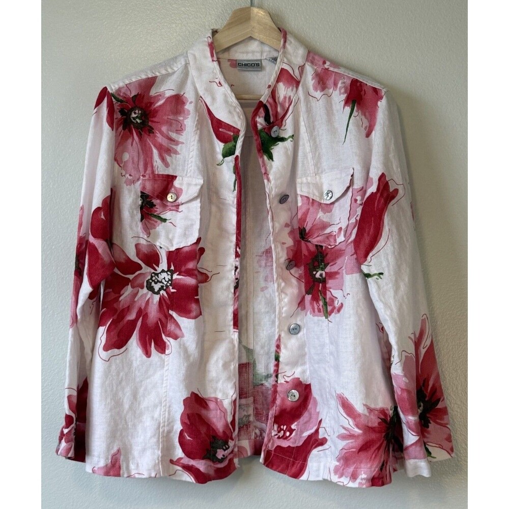 Chicos Vintage Linen Floral Shacket Size 3 Off White Red MOP Buttons Pockets
